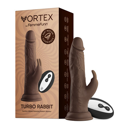 FemmeFunn Vortex Turbo Rabbit 2.0 Rechargeable Remote-Controlled Realistic 8 in. Silicone Dual Stimulation Vibrating Dildo with Suction Cup Brown