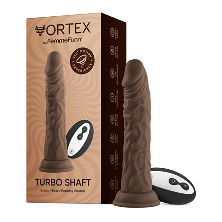FemmeFunn Vortex Turbo Shaft 2.0 Rechargeable Remote-Controlled 8 in. Silicone Vibrating Rotating Dildo with Suction Cup Brown