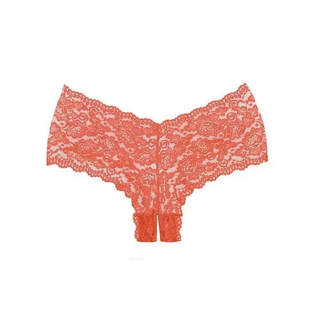 Adore ’Candy Apple’ crotchless panty - sexy red lace lingerie on white background
