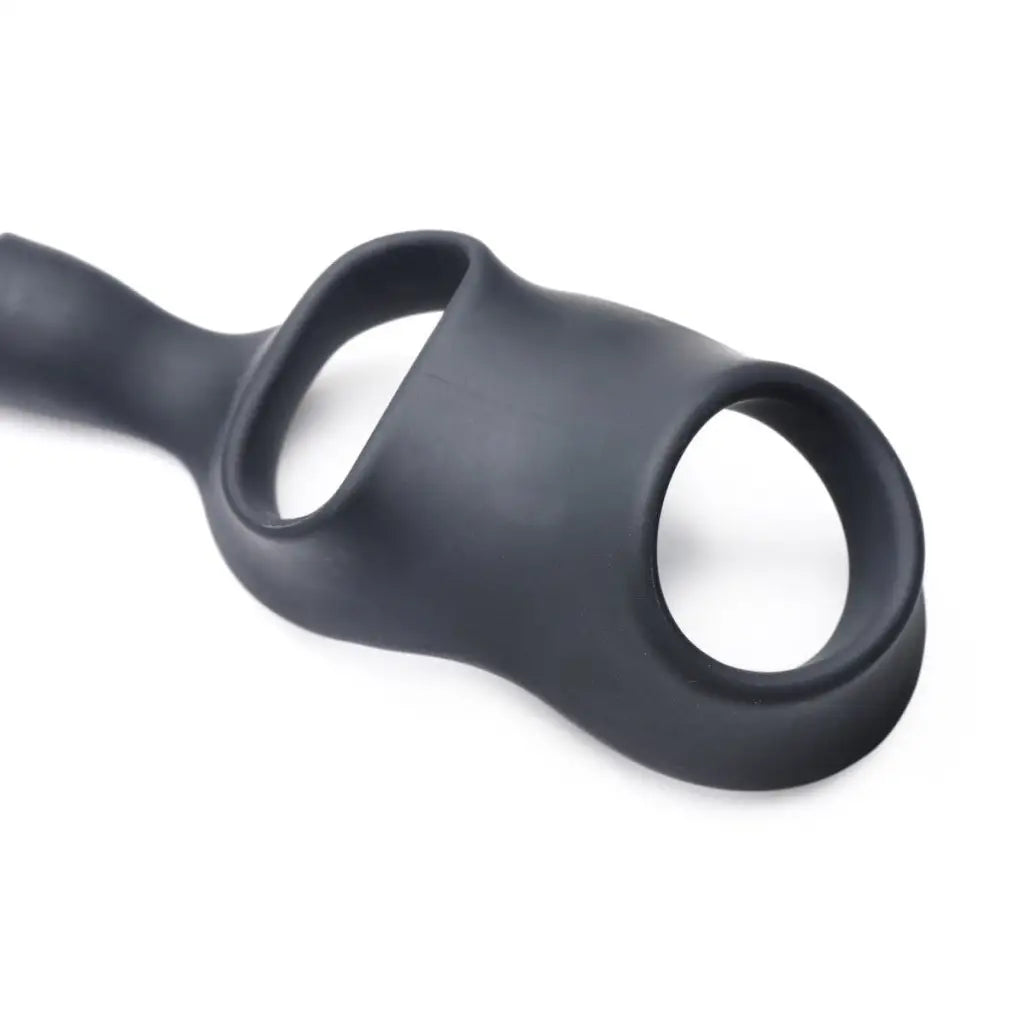 Matte black silicone Alpha-Pro 10X P-BOMB cock & ball ring with vibrating anal plug