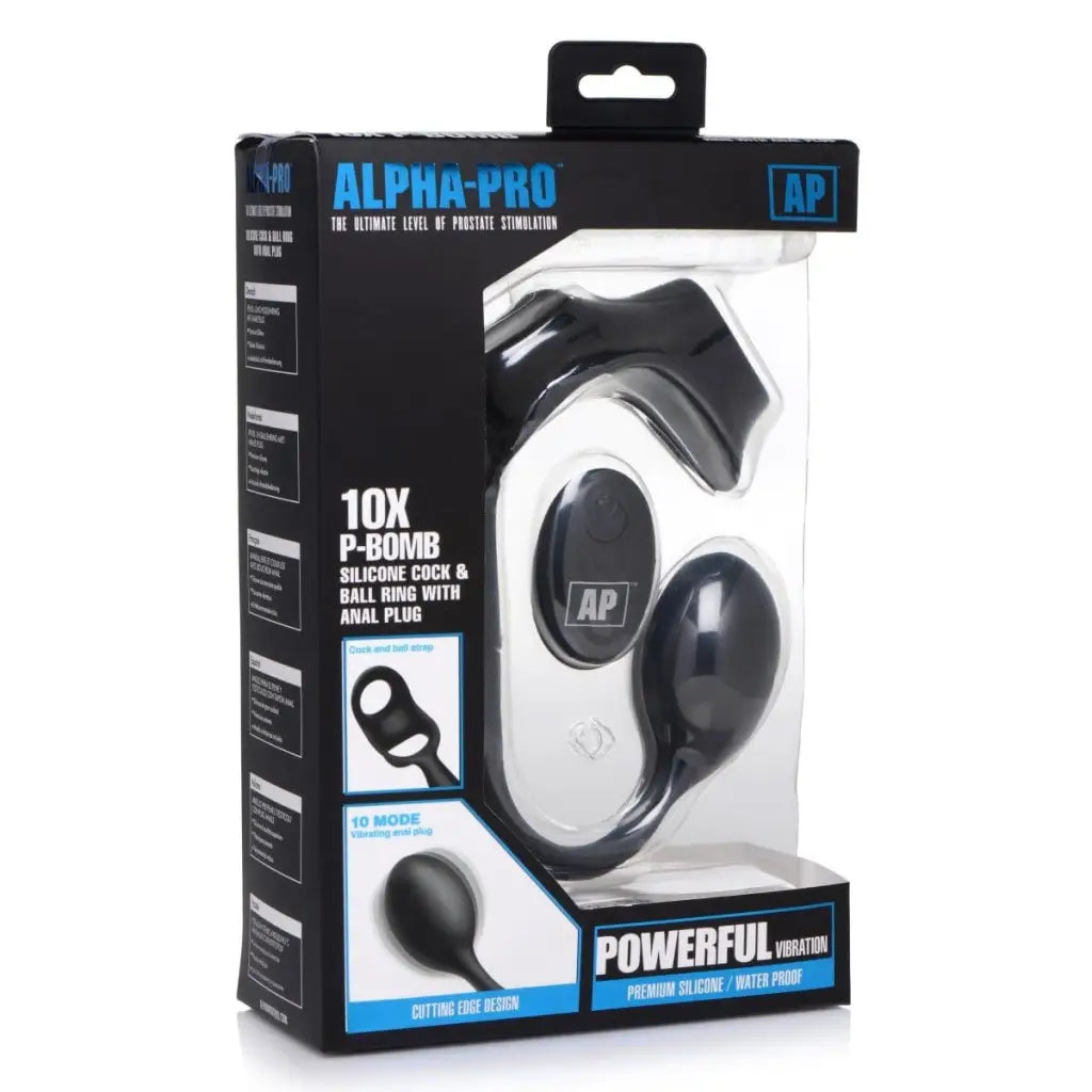 Alpha-Pro 10X P-BOMB: Vibrating silicone anal plug with multiple components packaging