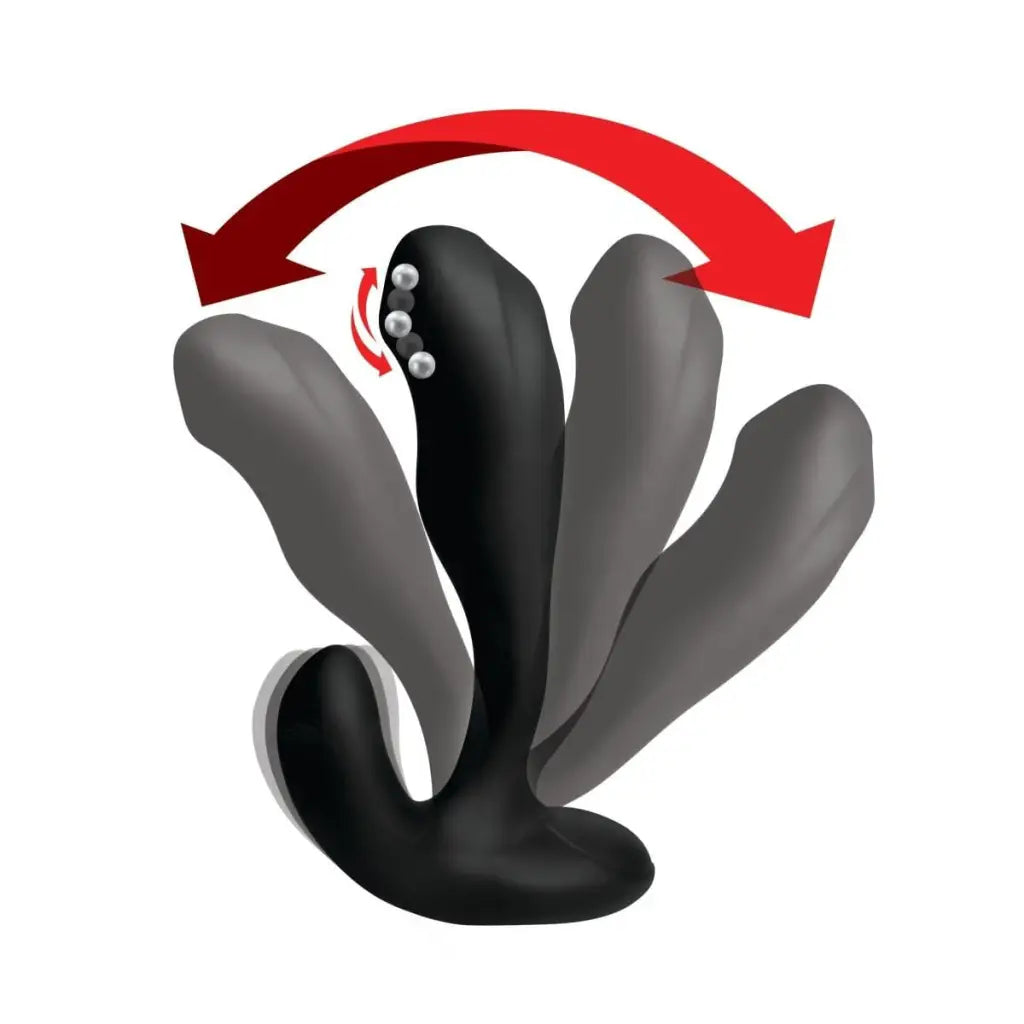Curved Alpha-Pro 7X bendable prostate stimulator with rotating bead and red arrows