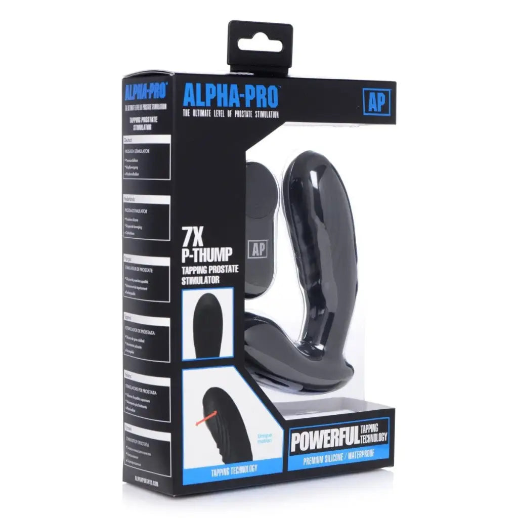Alpha-Pro 7x P-THUMP Tapping Prostate Stimulator in black packaging, product visible