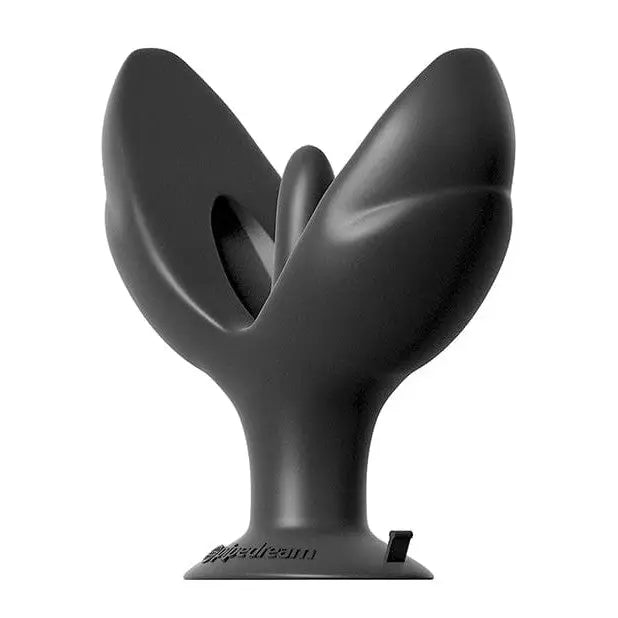 Sleek black sculpture with curved wings from base, showcasing Mega Insta Gaper art