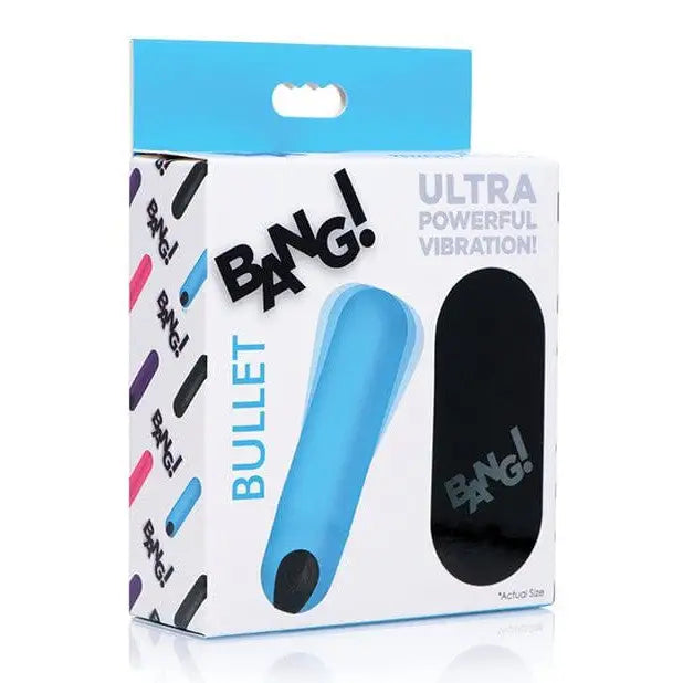 BANG! Vibrating Bullet in blue packaging with remote control and body safe silicone