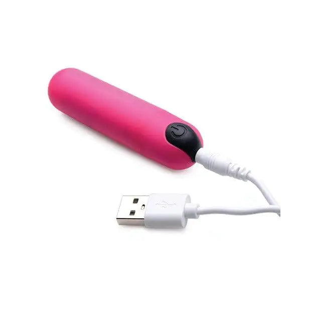 Pink vibrating bullet with remote control, made of body-safe silicone, USB charging included
