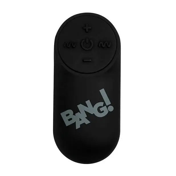Black vibrating bullet with remote control; ’BANG!’ text on top; body safe silicone