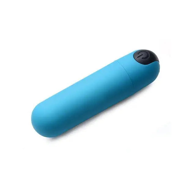 Cylindrical blue vibrating bullet massager with black button, remote control, body-safe silicone
