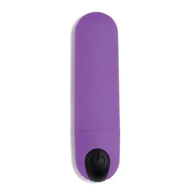 Purple vibrating bullet made of body-safe silicone with a black remote control power button