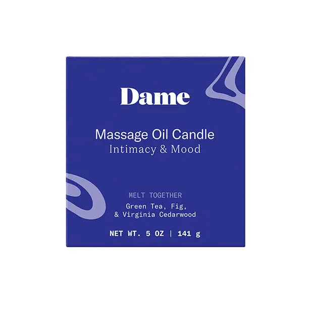 Dame Massage Oil Candle in blue box with white text, plant-based and luxurious massage oil