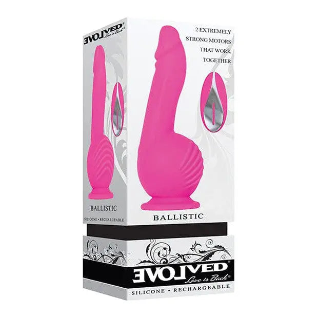 Close-up of Evolved ’Ballistic’ Vibrator with pink dildo and suction cup base in a box