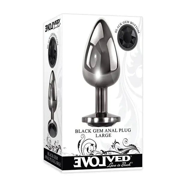Close-up of Evolved Black Gem Anal Plug with a sparkling black gem in an elegant box