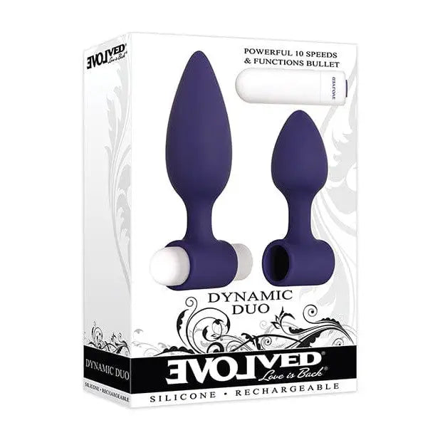 Evolved Dynamic Duo 2-Piece Butt Plug Kit with Bullet Vibrator in white packaging