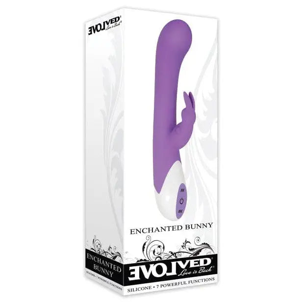 Evolved Enchanted Bunny Rabbit Vibrator in white box showing purple vibrating toy