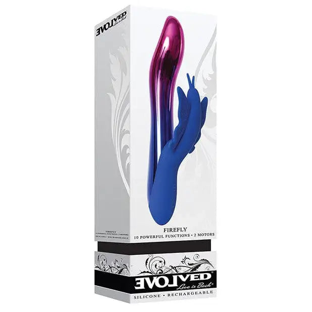 Close-up of Evolved Firefly Light Up Rabbit Vibrator, highlighting its vibrant colors and packaging