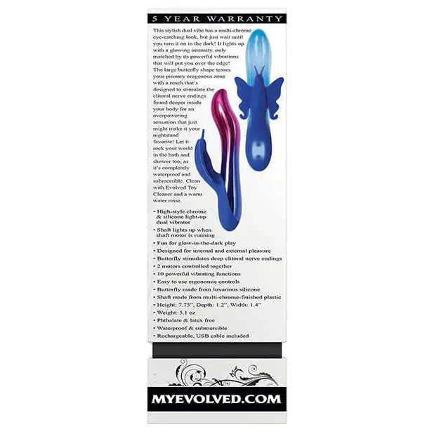 A close-up of blue and purple hair brushes displayed with the Evolved Firefly Light Up Vibrator