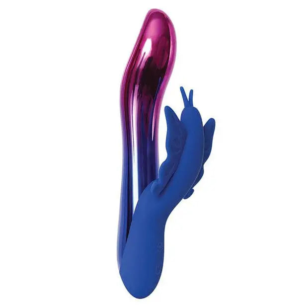 Blue & purple glass hand sculpture beside Evolved Firefly Light Up Rabbit Vibrator