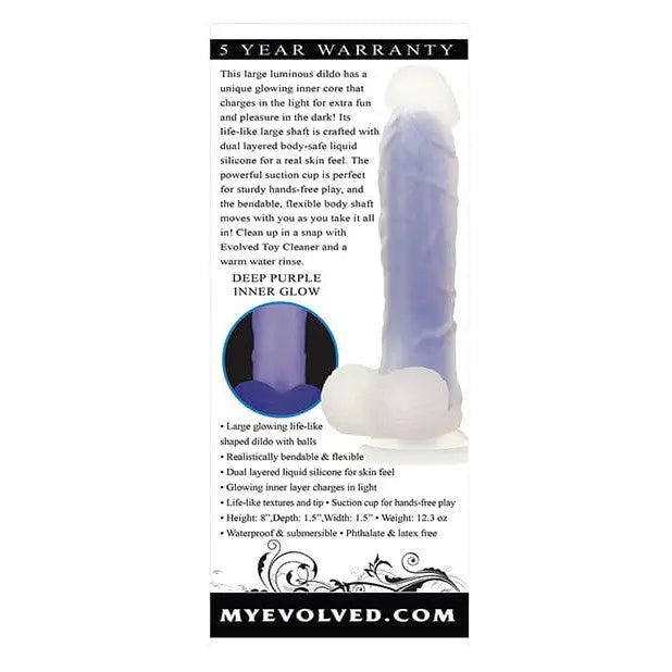 Close up of Evolved Luminous 8’ Blue Dildo with Suction Cup Base and Glowing White Base