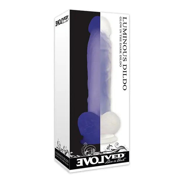 Evolved Luminous 8’ Glowing Dildo with Suction Cup Base in a box with blue dildo