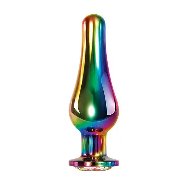 Evolved Rainbow Metal Butt Plug with Jewel in Base featuring a rainbow-colored glass pipe