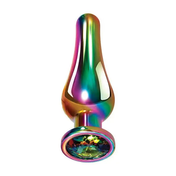 Evolved Rainbow Metal Butt Plug with Jewel in Base, featuring a rainbow-colored glass pipe