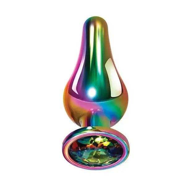 Evolved Rainbow Metal Butt Plug with jeweled base and rainbow colored glass ash holder
