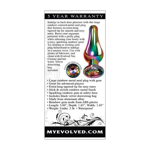 Evolved Rainbow Metal Butt Plug with Jewel in Base; vibrant rainbow gem glass poster
