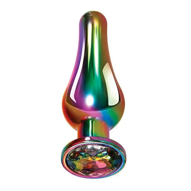Evolved Rainbow Metal Butt Plug with Jewel in Base and colorful glass pipe with a bowl