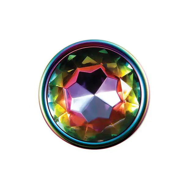 Evolved Rainbow Metal Butt Plug with Jewel in Base featuring a rainbow-colored glass gem