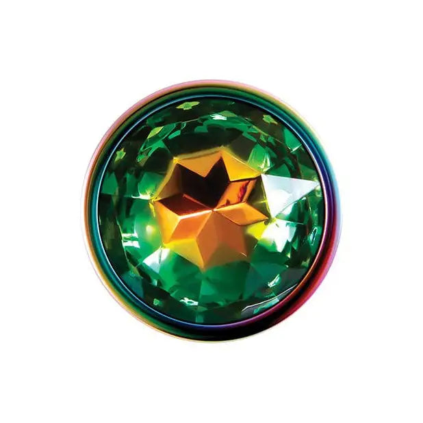 Evolved Rainbow Metal Butt Plug with green jewel in base on a white background