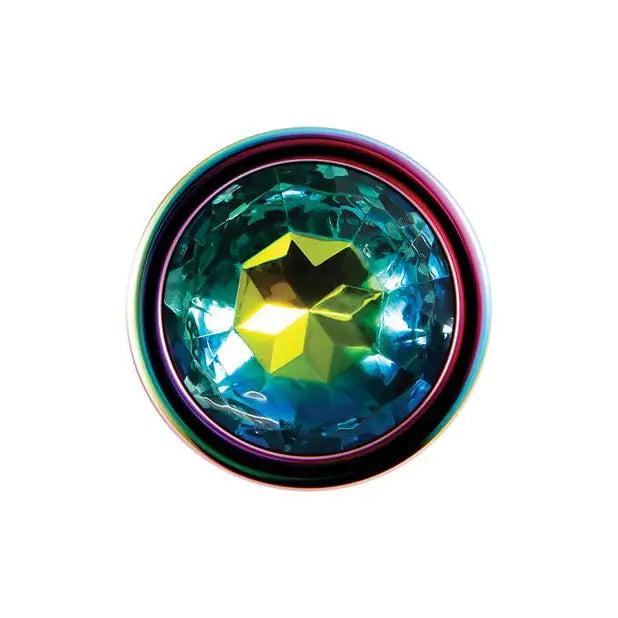Evolved Rainbow Metal Butt Plug with green and blue jewel, featuring a stunning rainbow gem