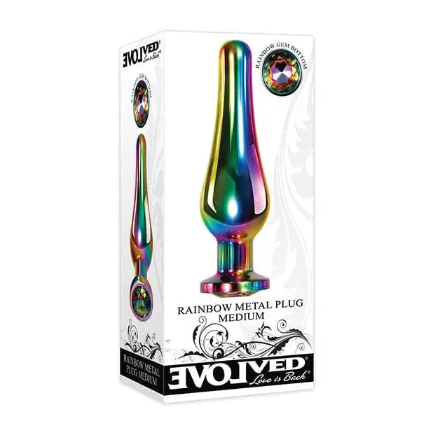 Evolved Rainbow Metal Butt Plug with Jewel in Base, showcasing a vibrant rainbow metal design