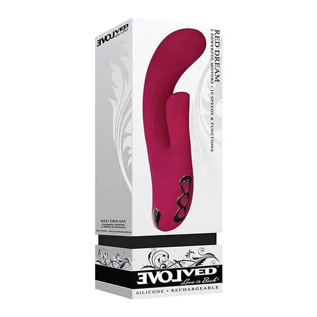 Close-up of Evolved Red Dream flexible girthy rabbit vibrator in a box