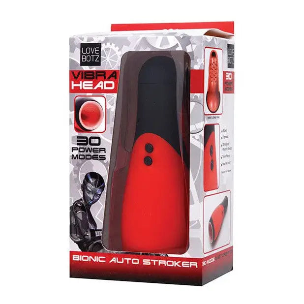 Red and black LoveBotz Vibra Head Bionic Auto Stroker with a red handle