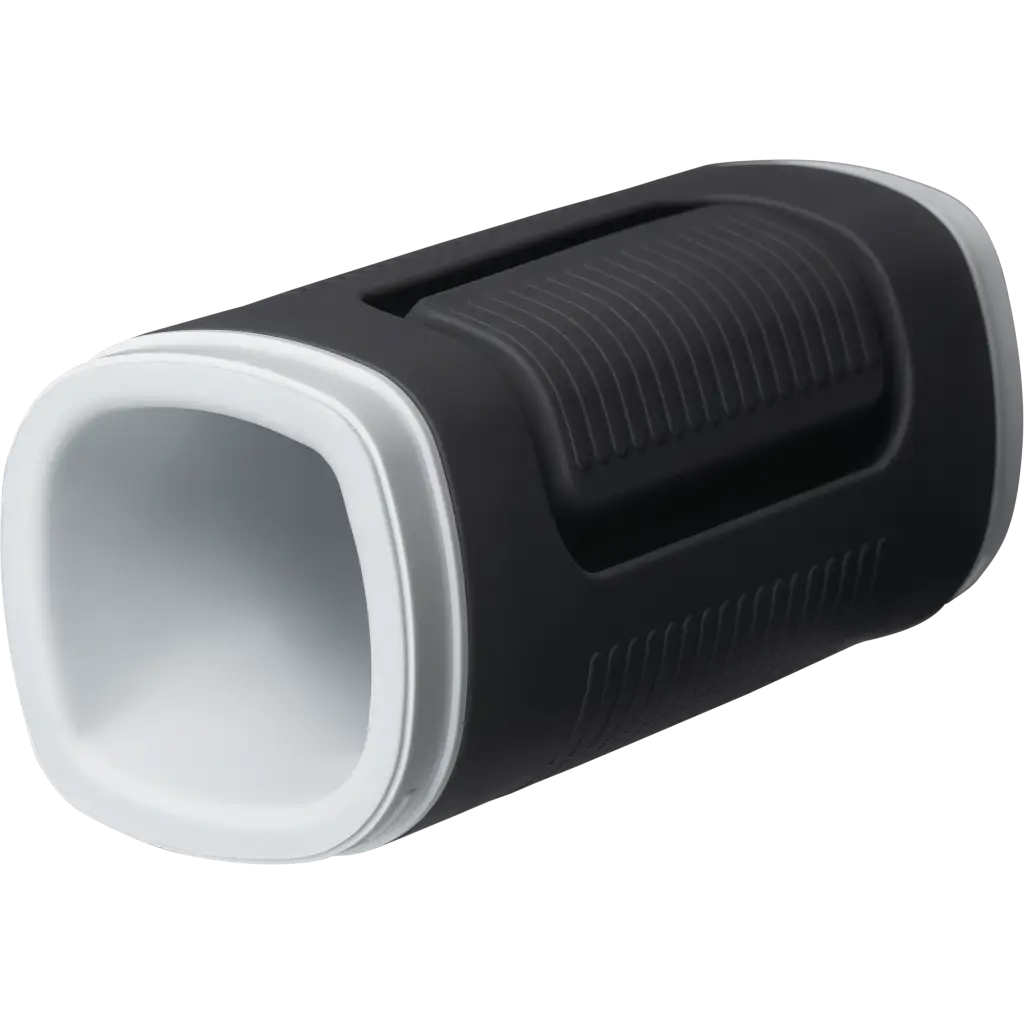 Close-up of Lovense Calor app-compatible masturbator with black and white plastic cover attached