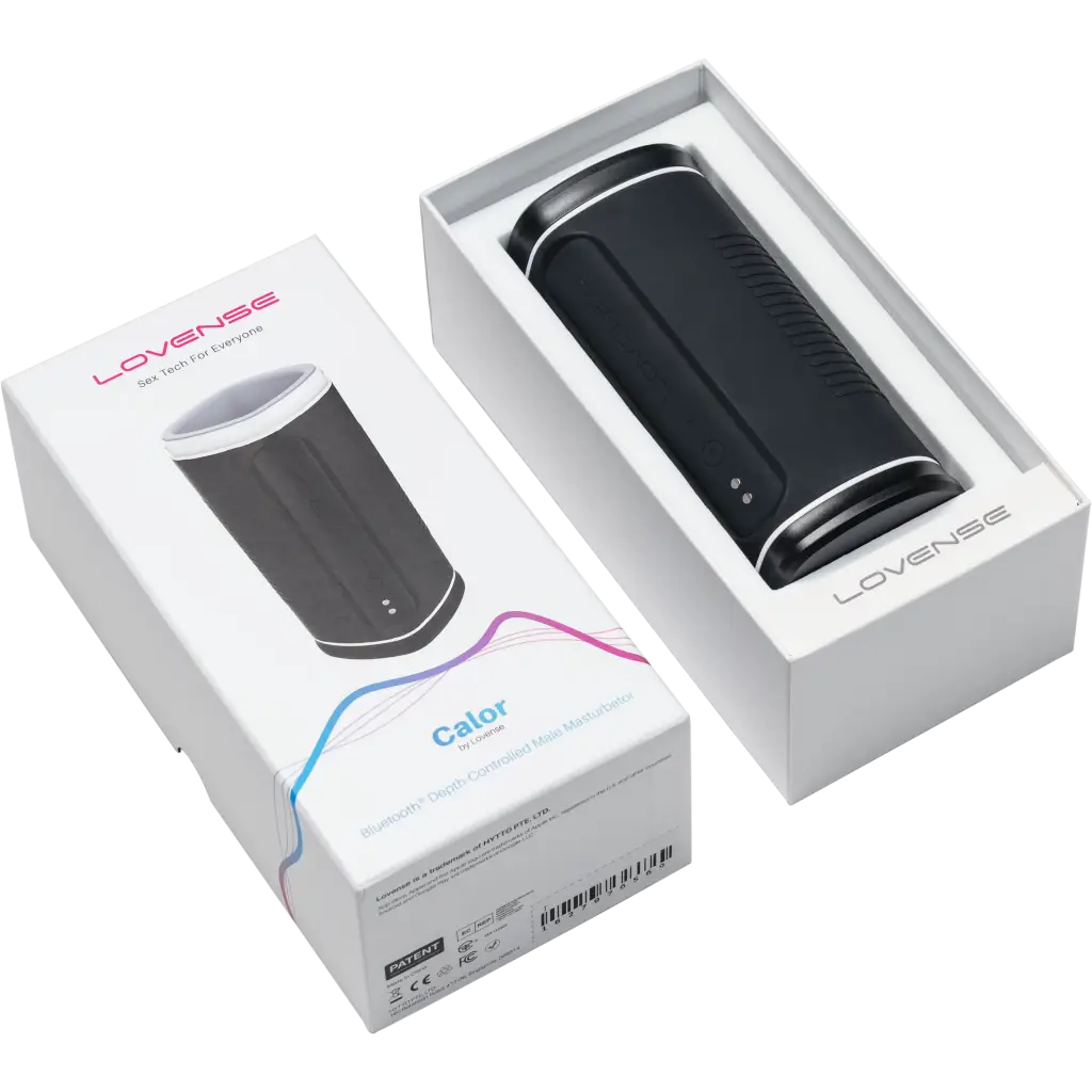 Packaging of Lovense Calor App-Compatible Masturbator with black and white coffee cup design
