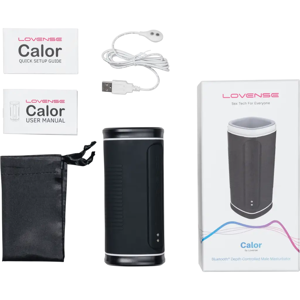 Close-up of Lovense Calor app-compatible masturbator with electronic gadgets and a bag