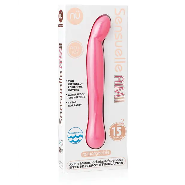 Nu Sensuelle Aimii pink G-Spot vibrator with a handle and white box for dual motor pleasure