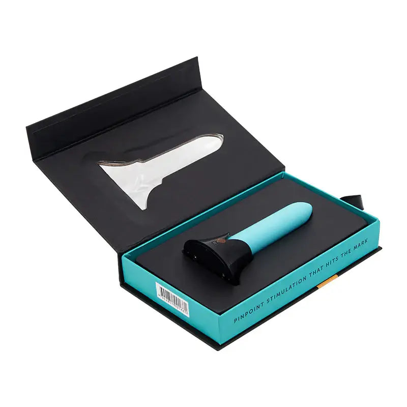 Teal and black Nu Sensuelle Point Bullet massager in open product box