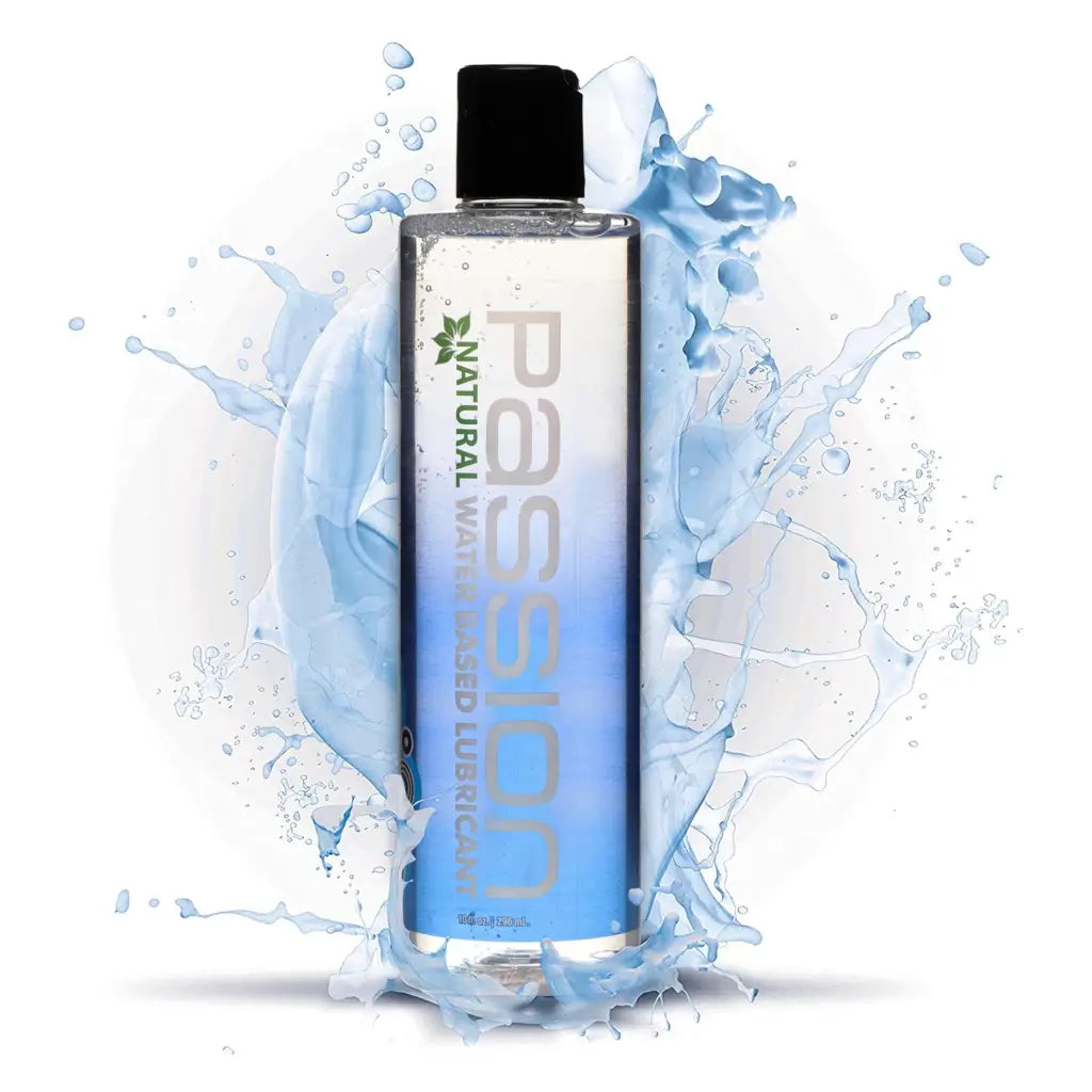 Passion Water-Based Lubricant bottle with a splash of water for smooth, natural pleasure
