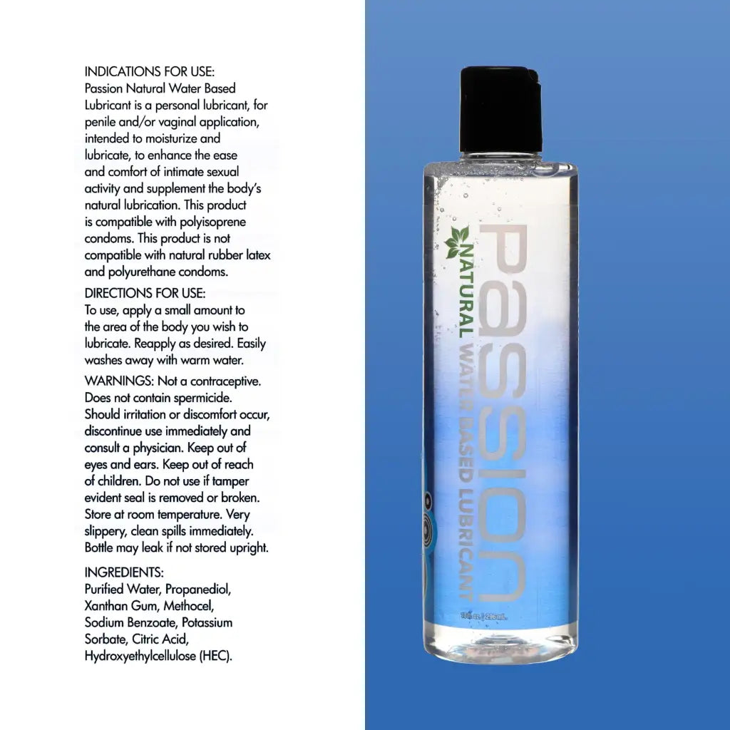 Passion Water Based Lubricant: Natural water-based formula with instructions and ingredients listed