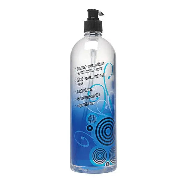 Passion Water Based Lubricant in a clear bottle with blue liquid and pump dispenser