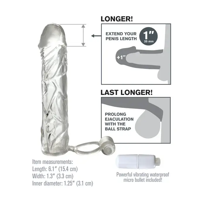 Pipedream Fantasy X-tensions Vibrating Super Sleeve 1 in. Extension With Ball Strap - Clear - Penis Extenders