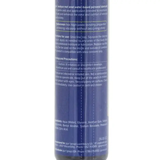 Bottle of pjur analyse me! Water Based Personal Lubricant with blue liquid