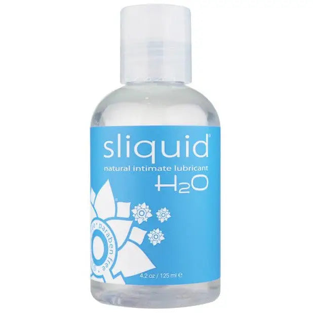 Close-up of Sliquid Naturals H2O Intimate Lube bottle with a white cap, glycerine free