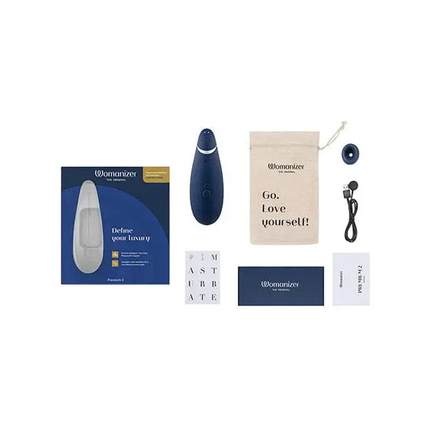 Womanizer PREMIUM 2 with bag and keychain, features pleasure air technology for intense pleasure
