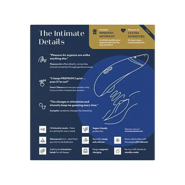 Close-up of Womanizer PREMIUM 2 packaging featuring a person with a knife, highlighting intensity levels