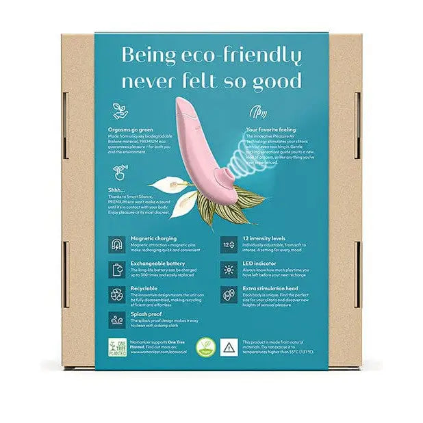 Box of the Womanizer PREMIUM Eco Air Clitoral Stimulator showcasing premium eco packaging