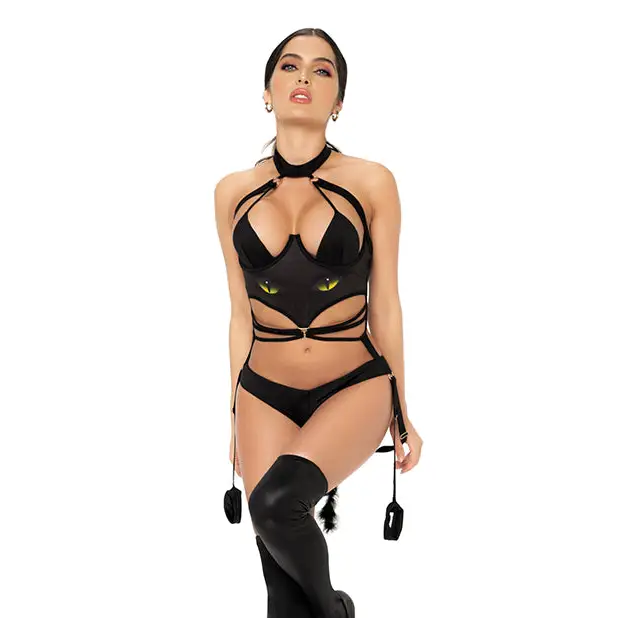 1 Pc Cat Girl Bodysuit W/attached Wrist Straps Black - Costumes