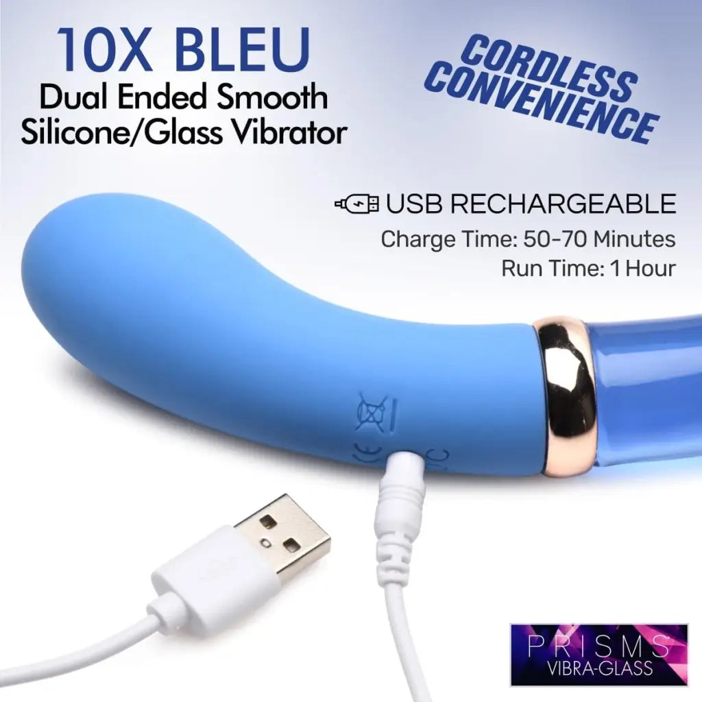 Prisms Vibrator 10x Bleu Dual Ended G-spot Silicone And Glass Vibrator at the Haus of Shag